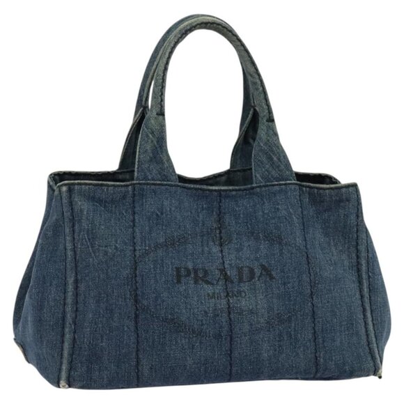 PRADA Canapa GM Hand Bag Denim Blue Gold Auth bs28707 - Picture 1 of 16